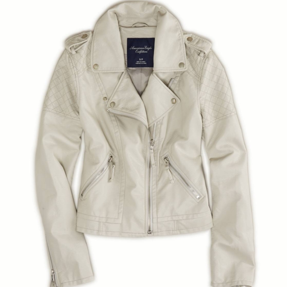 American Eagle Outfitters Beige Vegan Leather Cropped Moto Jacket Size Small